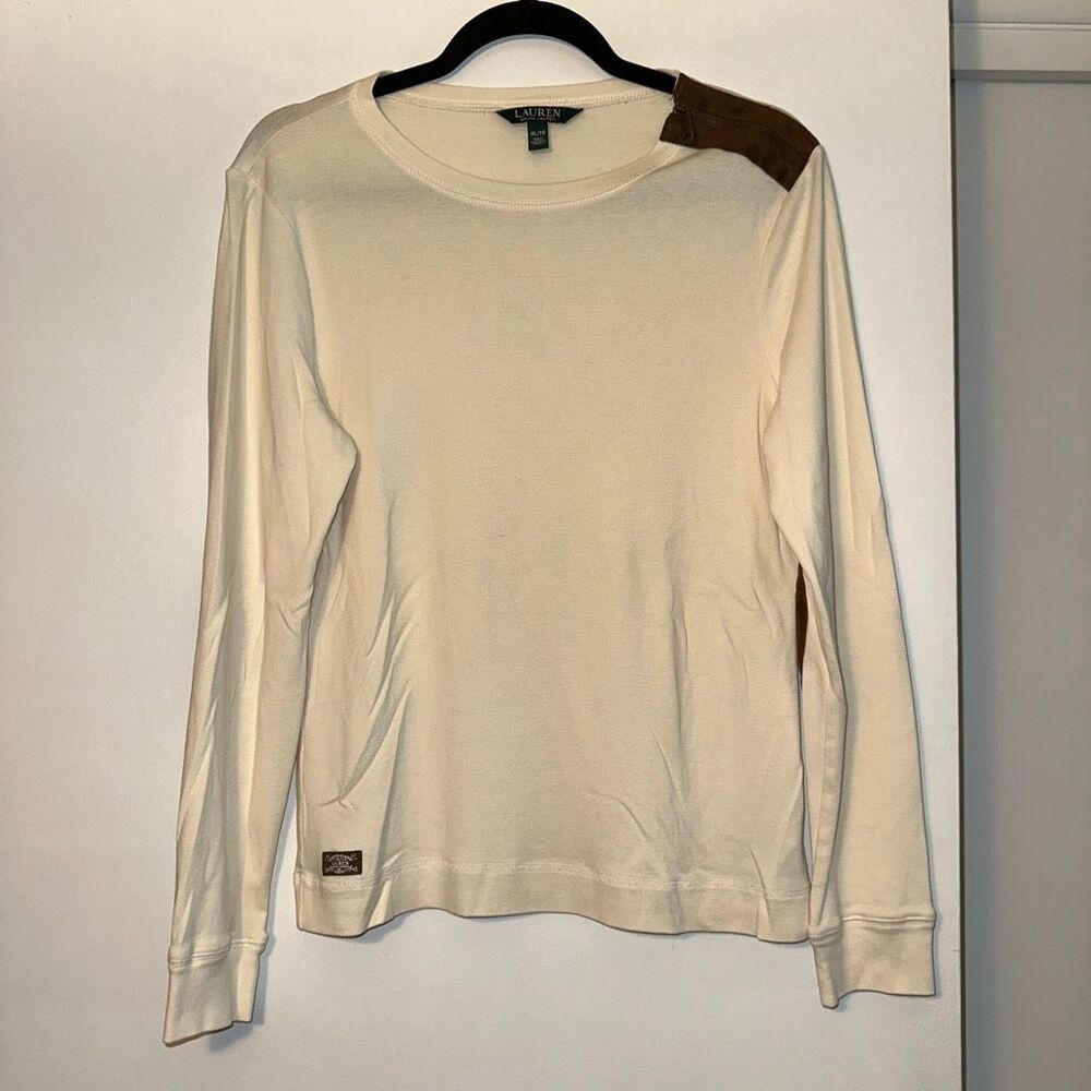 Ralph Lauren Women’s XL Long Sleeve Crew Shirt Cream Brown Suede Detail EUC